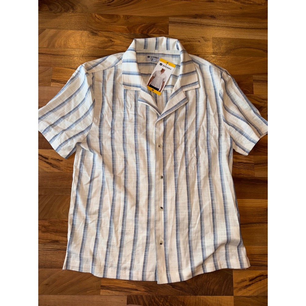 Sperry Button Down Shirt Mens Medium White Blue NEW Striped Camp Collar summer